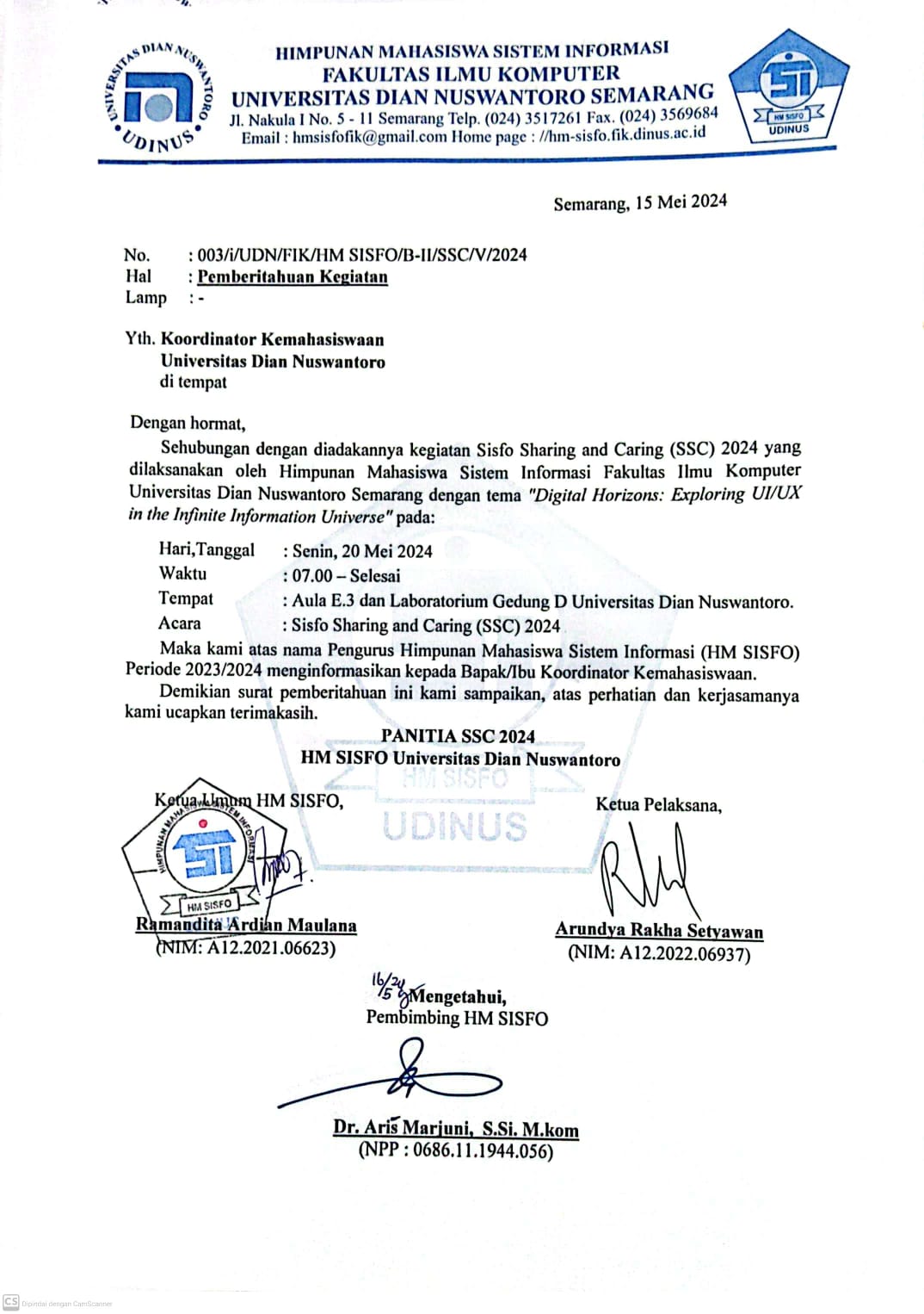 Surat Pemberitahuan Kegiatan Koordinator Kemahasiswaan 